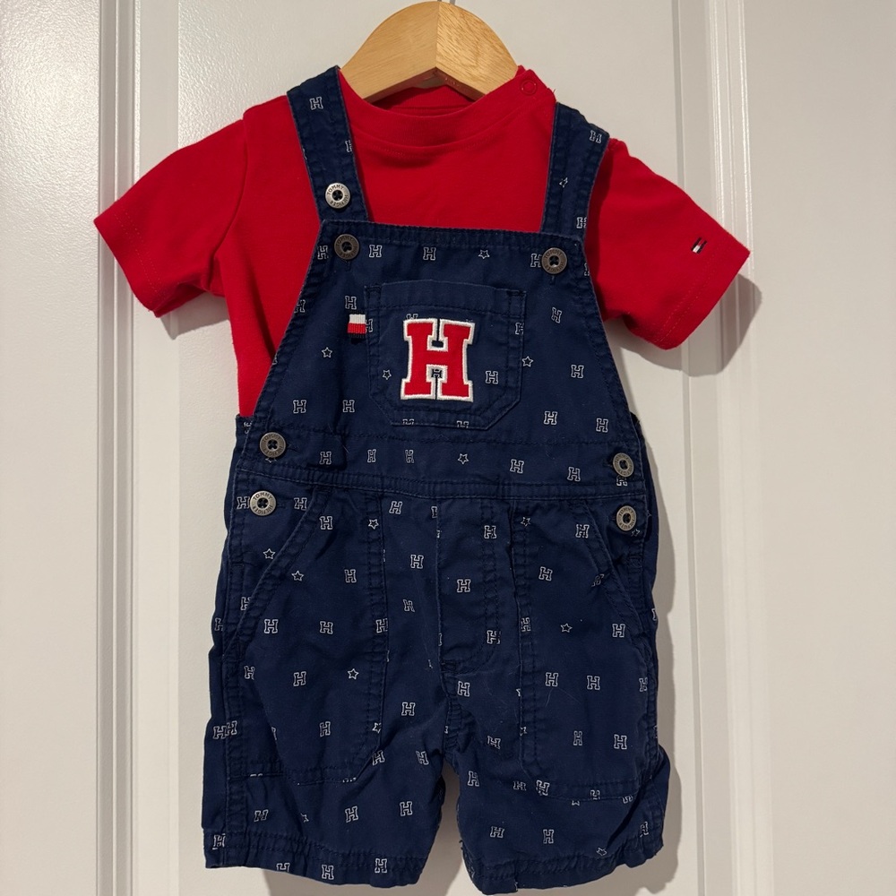 Tommy Hilfiger Spring Summer Baby Navy Overalls with Red Shirt 12M